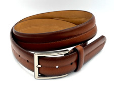Chaps Brown Leather Belt Men's Size 34-36 Silver Toned Buckle Stitching Neutral