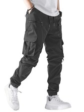 Mens Casual Cargo Pants Elastic Waist Drawstring Tapered Joggers Sweatpants O...