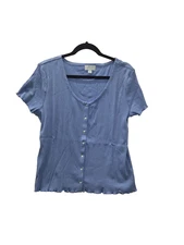 Gap Women Top XXL Love Button Through Lettuce Trim Top Blue Ribbed  T-Shirt