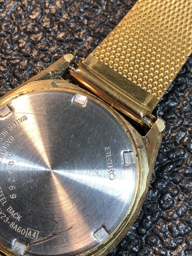 Vintage Seiko SQ Mens Dress Watch Gold Tone 5Y23 Day/Date Sunburst Dial New Bat - Picture 13 of 21