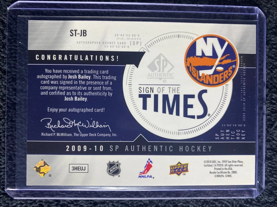 2009-10 SP Authentic - Sign of the Times - #ST-JB Josh Bailey - Image 2 of 2