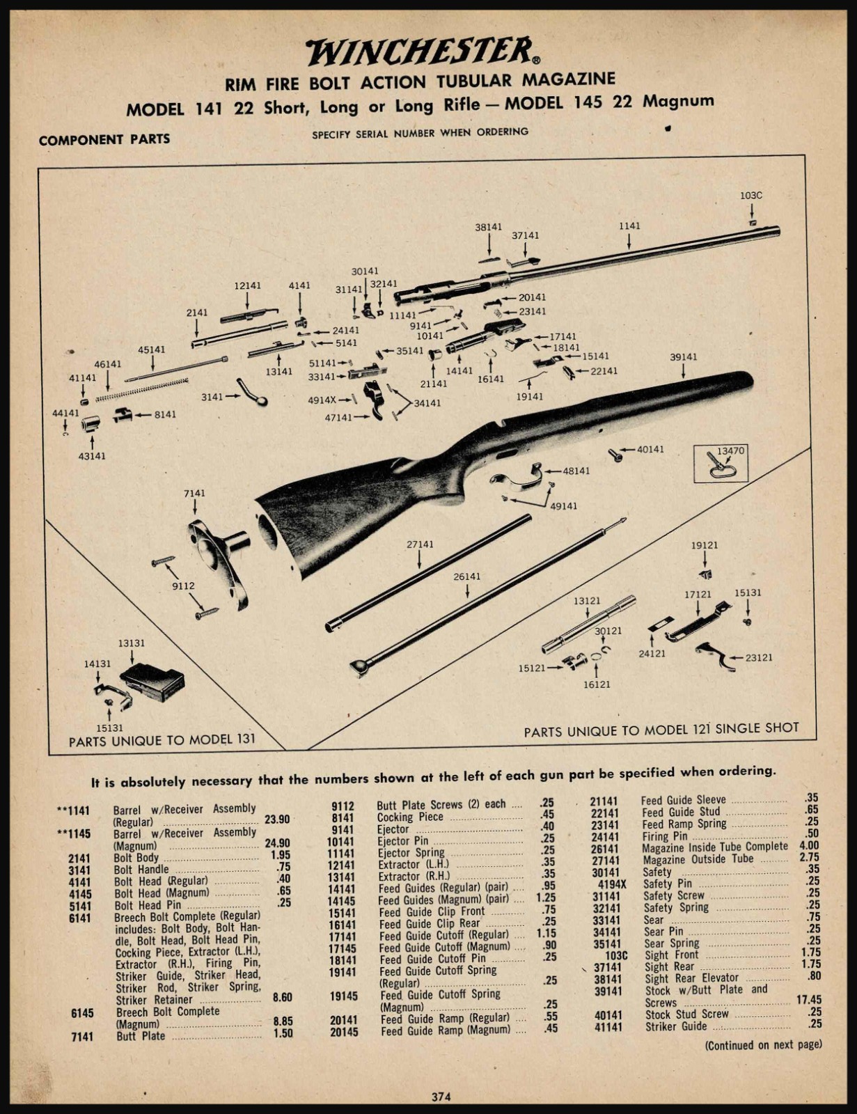 1964 WINCHESTER 141 & 145  Rifle Schematic parts  list