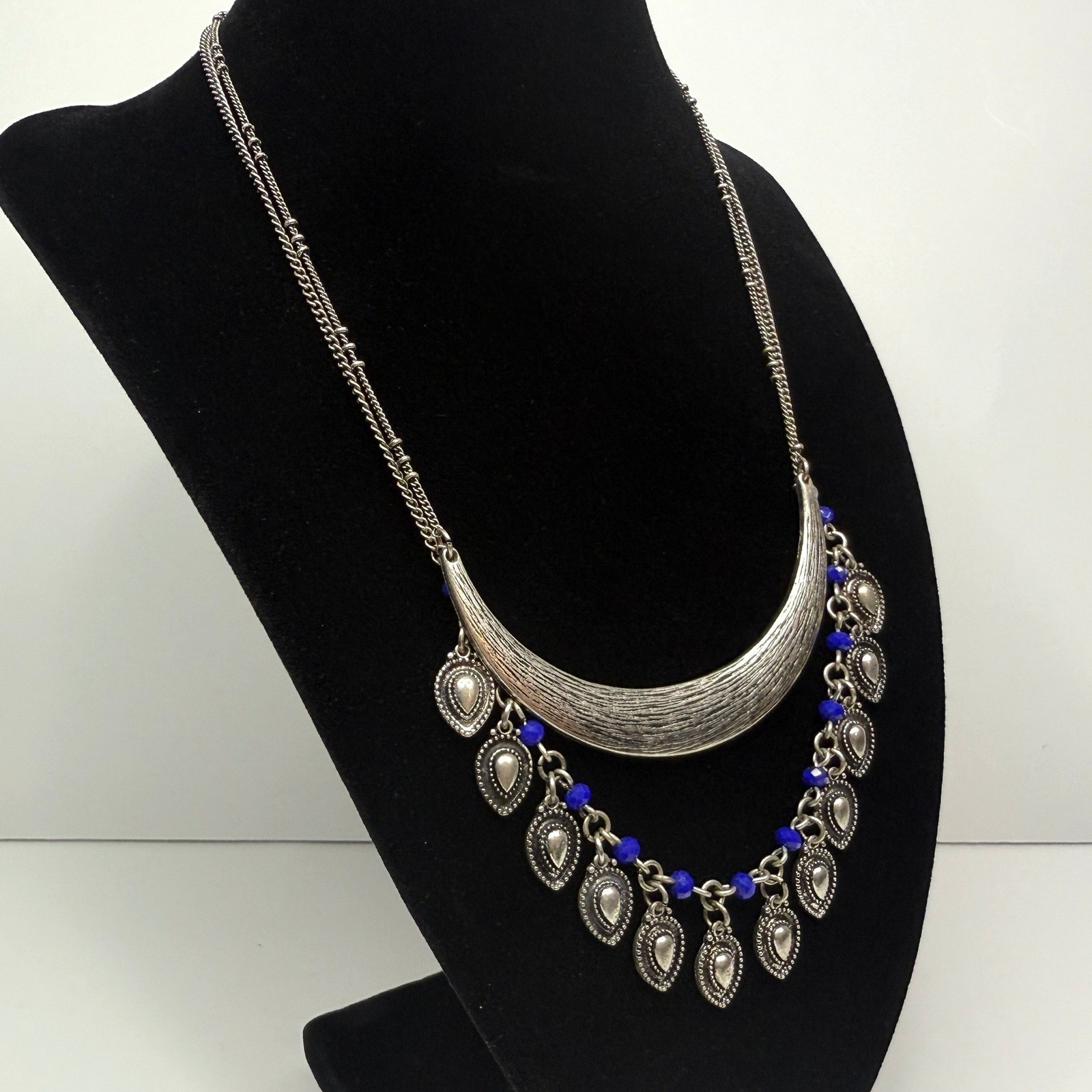 Crescent Charm Statement Bib Necklace Silver Tone… - image 5