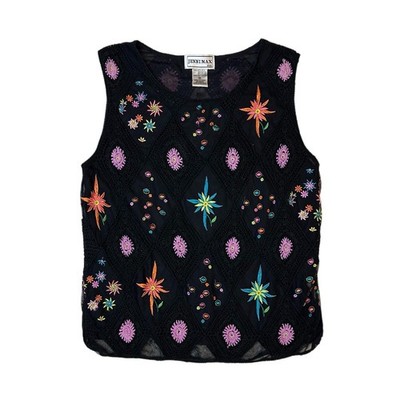 Jenni Max Silk Embroidered Crochet Eclectic Black Multicolor Tank Silk Blend M