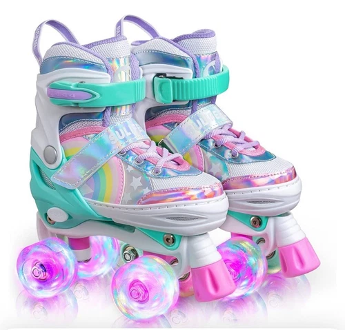 SULIFEEL Rainbow Unicorn 4 Size Adjustable Light up Roller Skates for Girls Boys