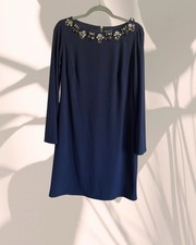 Vince Camuto Women’s Size 8 Navy Long-Sleeve Dress with Embellished Neckline
