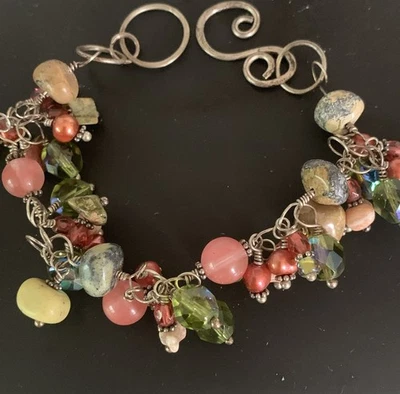 Gemstone Glass Bead Cha Cha Bracelet Multi Color S Hook Closure Silver Plated 7” - Image 1 of 4