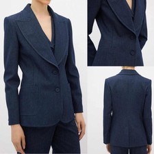 Women Blue Suit Single Breasted Jacket Peak Lapel Wedding Business Formal