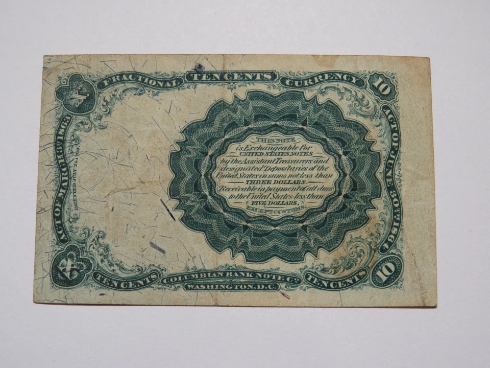 1874 $.10 Fifth Issue Fractional Currency Obsolete Bank Note Bill 5th FINE+ - Image 2 of 2