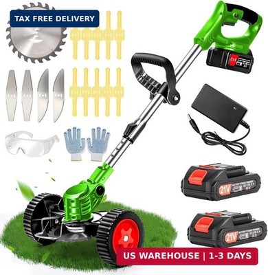 Electric Weed Wacker Cordless with Wheels, 2pcs Batteries&4 Types Blades,Lightwe