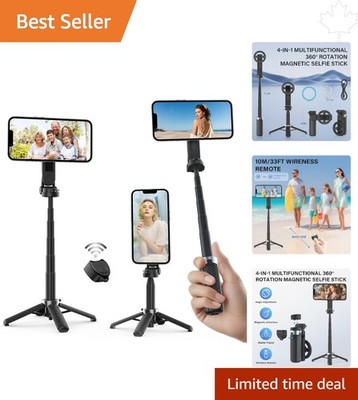 Compact 4-in-1 Magnetic Selfie Stick with Bluetooth Remote for iPhone/Android