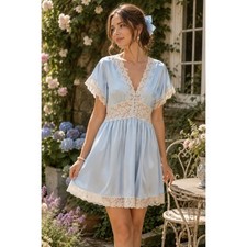 Amaretta Vintage Blue Satin Lace Trim Romper Teddy Lingerie Made in USA Small