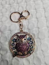Gold Tone Owl Rhinestone Accents Black Eyes Whimsical Bag Charm/Keychain