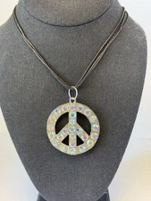 Pave Large 2”+ Pave Silver Peace Pendant On Cord