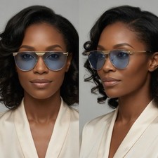 Women Luxury Blue Oversized Shield Sunglasses Bottom Flat Top Retro Blue Tinted