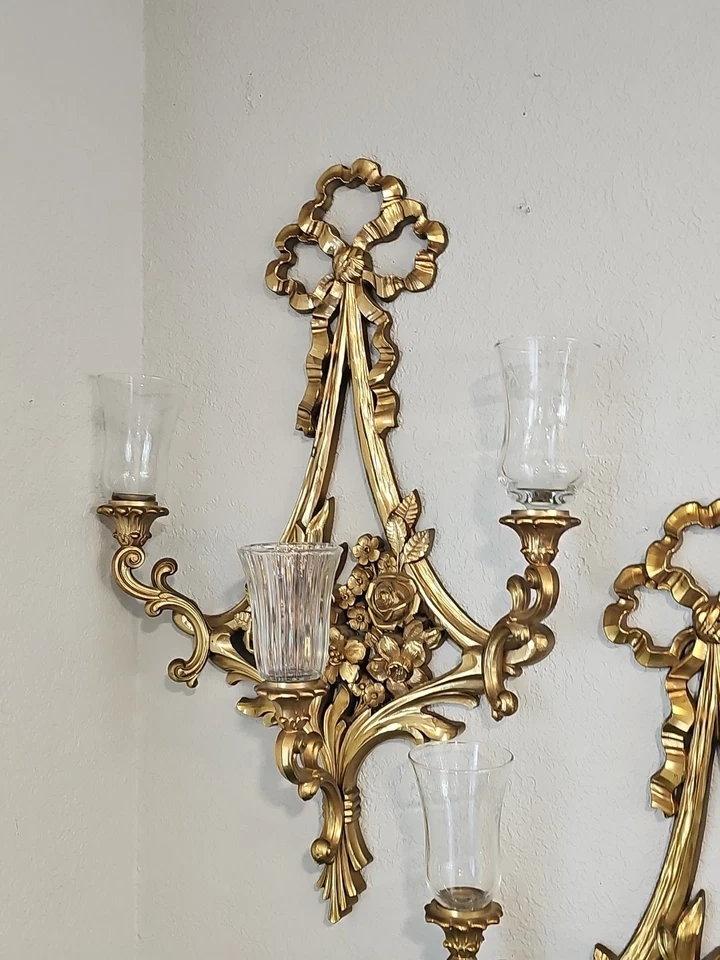 Pair of 2 Regency Brass Look Syroco Plastic 3 Arm Candle Sconce/6  Glass Votive  - Image 2 of 4