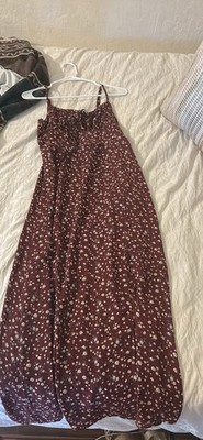 Zara Women s S Burgundy/White Floral Square Neck Spaghetti Strap A-Line Dress