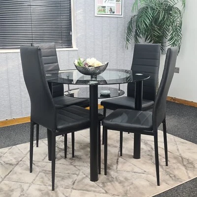 Round Glass Black Kitchen Dining Table With Storage Shelf And 4 BlackMetal Chair