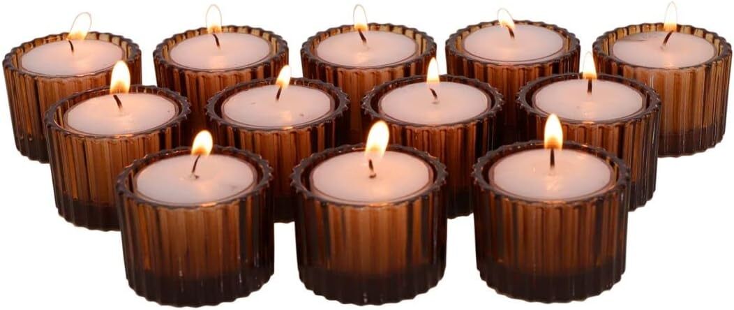 Amber Tealight Candle Holder Set of 12, 2'' X 1.4'' Glass Brown Small Votive