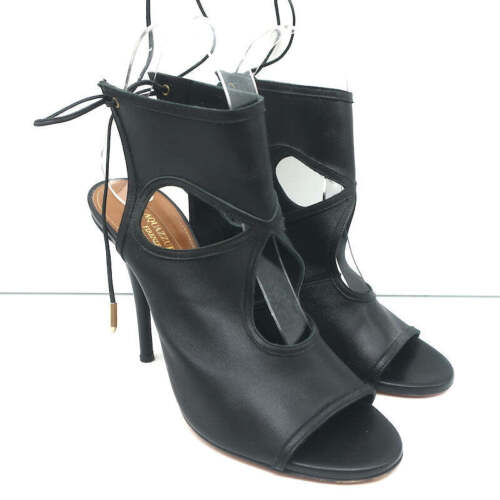 Aquazzura Sexy Thing Cutout Booties Black Leather Size 37.5 Open Toe Heels - Picture 1 of 9
