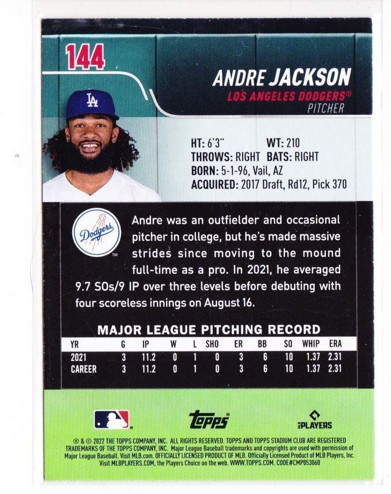 2022 Andre Jackson Topps Stadium Club RC Rookie Card Los Angeles