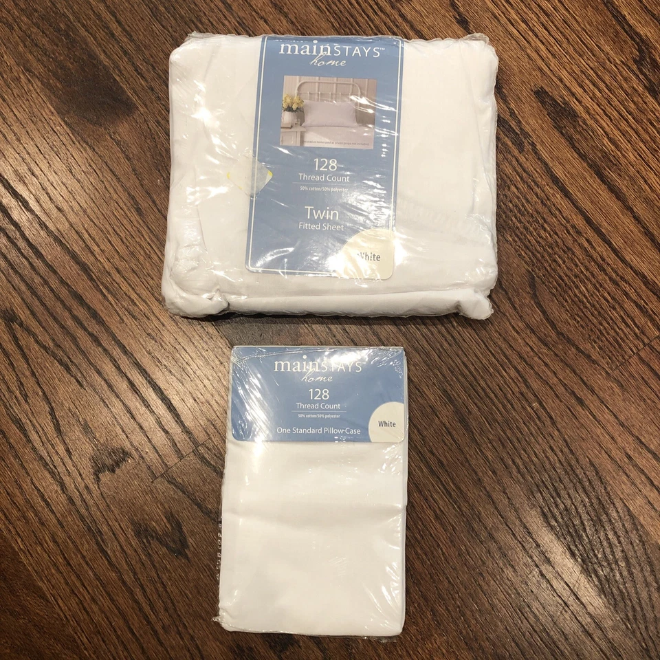 New MainStays Twin White Fitted Sheet & Standard Pillow Case 128 Thread Count  - Image 2 of 4