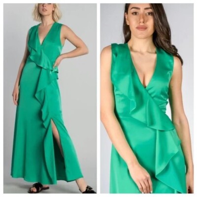 TED BAKER London Emerald Green Florili Satin Ruffle Front Slit Midi Dress 0 2 XS | eBay TED BAKER London Emerald Green Florili Satin Ruffle Front Slit Midi Dress 0 2 XS | eBay
