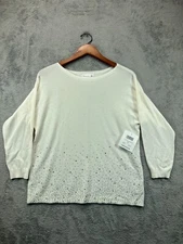 89th Madison NWT Womens Medium Ivory Top Rhinestones Shirt Long Sleeve Blouse
