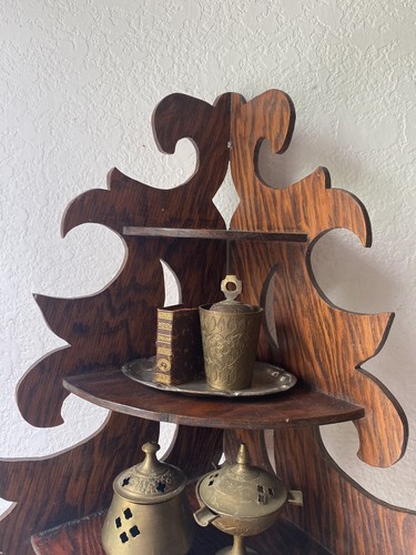 Antique Tiger Oak Corner Wall Shelf, Wooden, Hand Crafted, 20” Tall - Picture 8 of 23