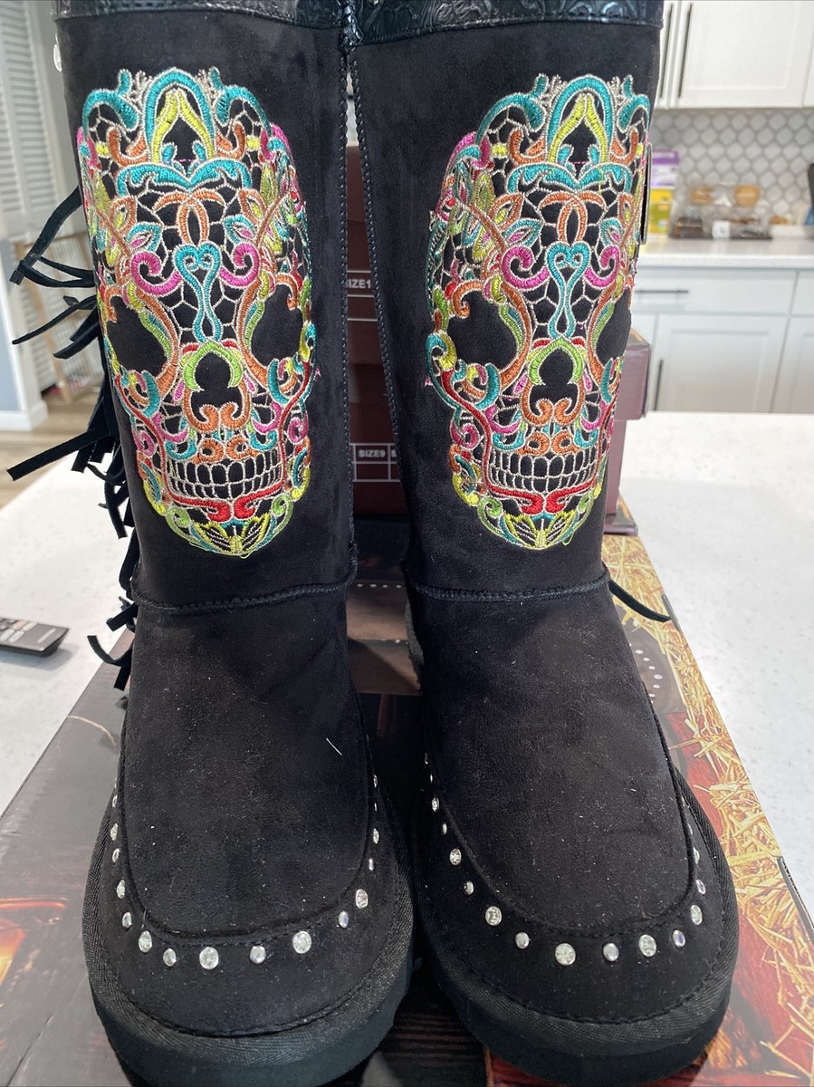 Montana West Fleece Lined Boots. Embroidered Sugar Skulls w