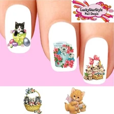 Waterslide Cat Nail Decals Set of 20 -  Happy Easter Kitty Basket Eggs Assorted