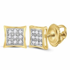 10k Yellow Gold Womens Round Diamond Square Kite Cluster Stud Earrings 1/20 Cttw