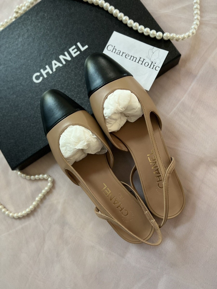 New CHANEL 🤎 23B Lambskin Dark Beige Black Slingbacks Low Heel