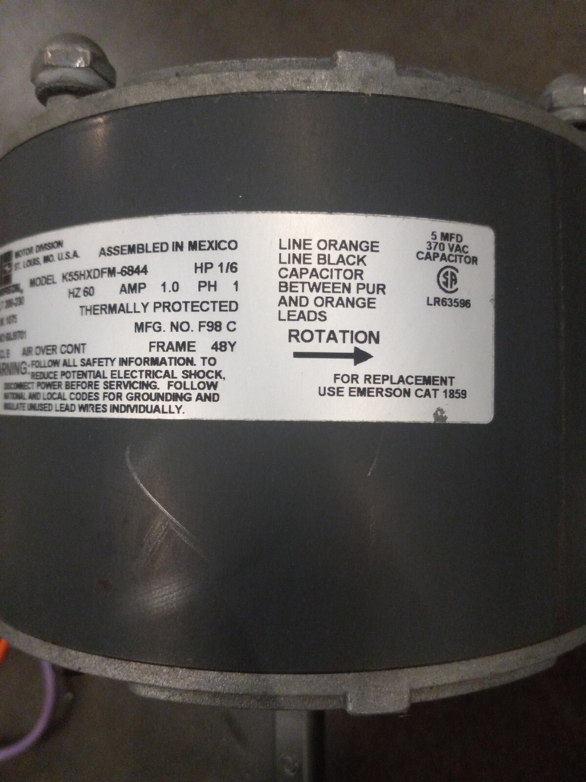 Emerson K55HXDFM6844 Condenser Fan Motor Lennox 68J9701 / 1/6 HP