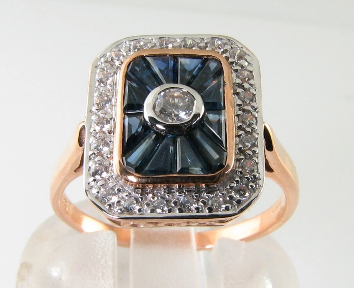 Anillo Cluster 9K Oro Rosa, Zafiro Diamante Rose Gold, Talla Francesa
