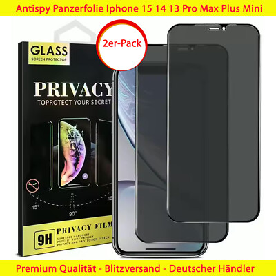 2x Echt Glas Panzerfolie Sichtschutz für iPhone 16 15 14 13 Pro  Privacy Antispy