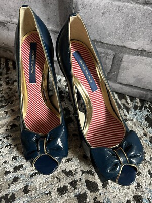River Island size blue patent leather peeptoe platform stiletto court