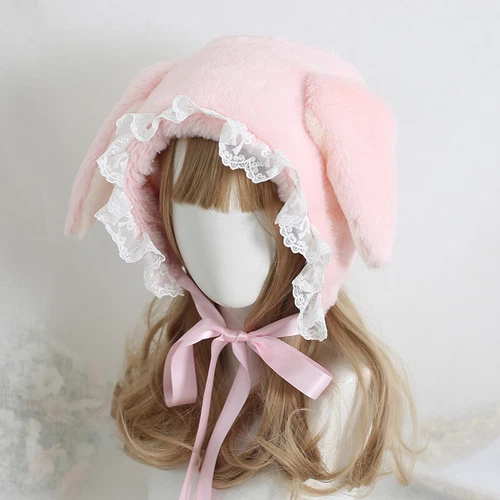 Gorra de conejo japonesa dulce orejas caídas encaje lolita orejeras gorra comodín sombreros esponjosos - Imagen 3 de 14