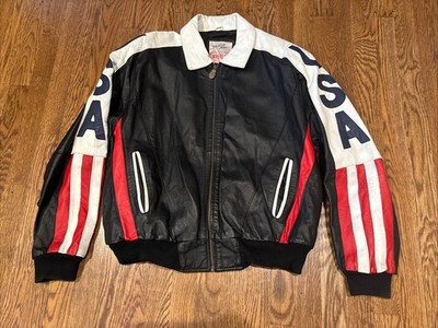 Michael Hoban WHEREMI レザージャケット M 黒 ミリタリー Vintage Michael Hoban WHEREMI Jacket Mens Large Leather USA Flag