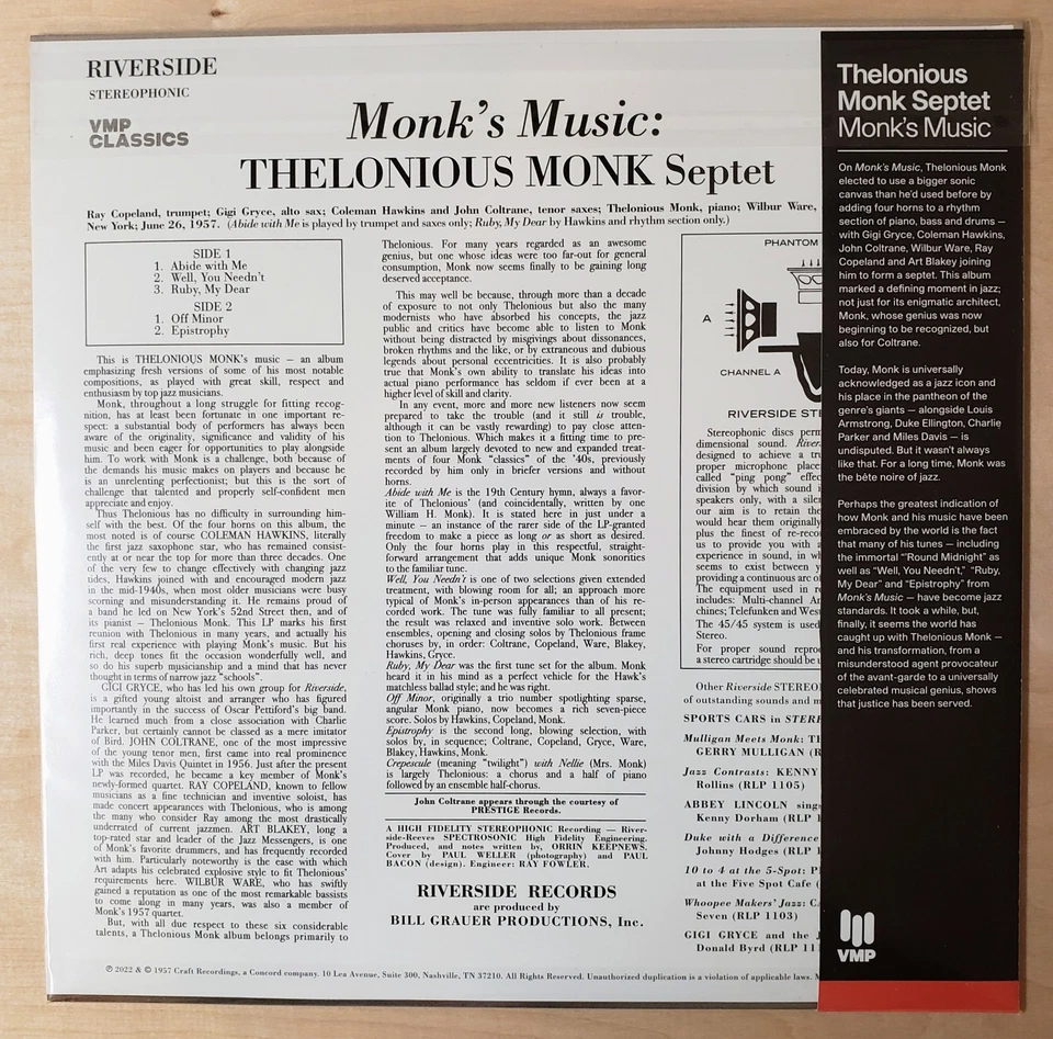 Thelonious Monk Septet Monk's Music  Vinyl Me, Please AAA 180g Vinyl Sealed. - Image 2 of 2