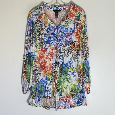 Ali Miles Top Womens 2X Multicolor Abstract Button Front Tunic Roll Tab Sleeve