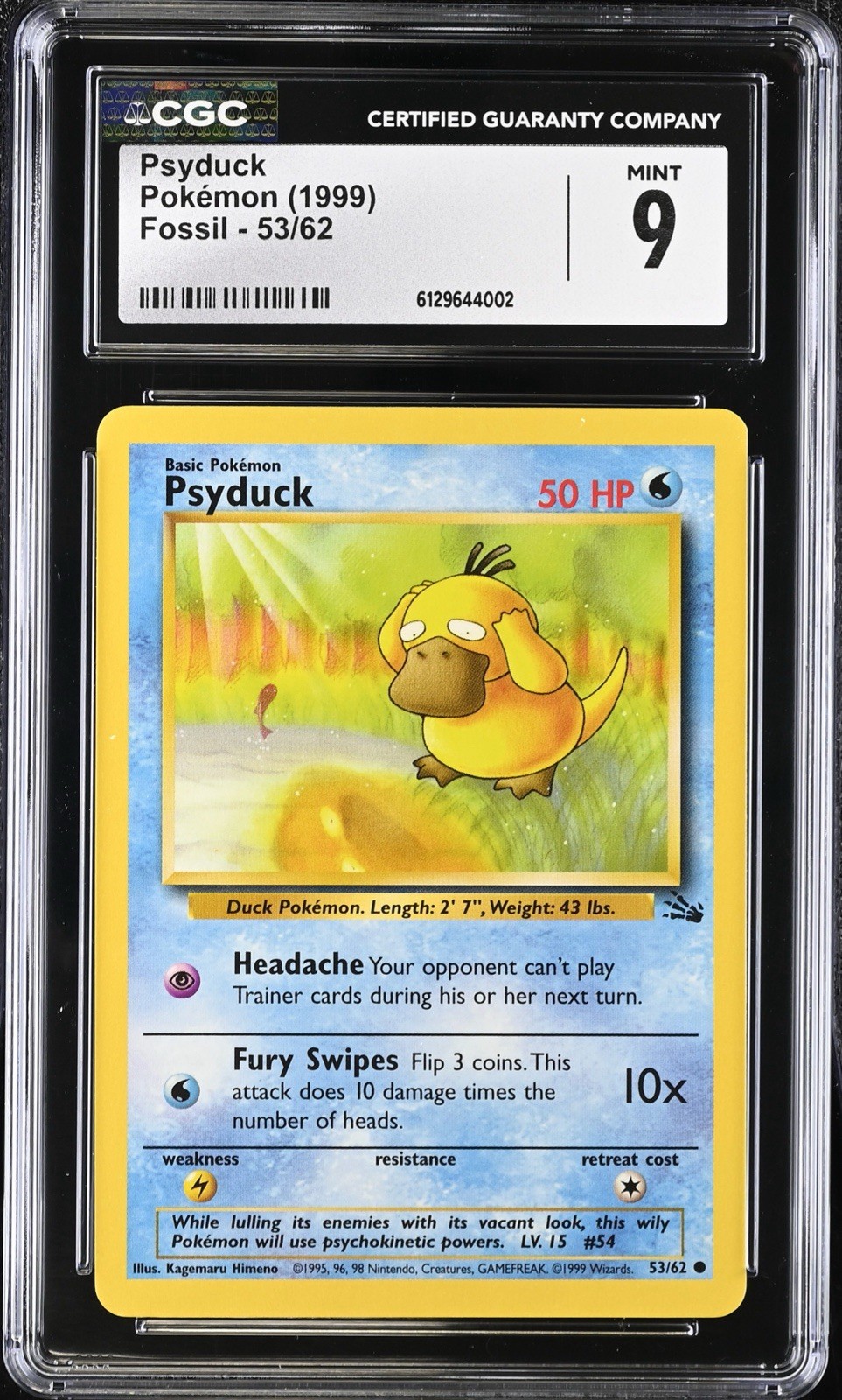 CGC 9 MINT Psyduck 53/62 Fossil 1999 Vintage WOTC Pokemon Card