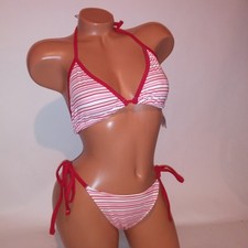 Victoria Secret PINK Swim Bikini Large Top Bottom Red White Stripe Triangle