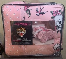 Ed Hardy Pink w/Hearts,Roses,Skulls 8pc QUEEN...
