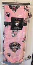NEW ED HARDY Pink Tattoo Roses Skull Oversized Plush Throw Blanket 60X70