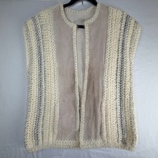 Vintage Boho Chunky Knit and Faux Suede Vest Cream Grey Mixed Media One Button