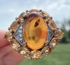 VINTAGE GOLD TONE STERLING SILVER, AMBER, CITRINE & DIAMOND RING SIZE 9