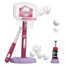 2 in 1 Kids Basketball Hoop and T Ball Set - Adjustable Height, Kids Pink