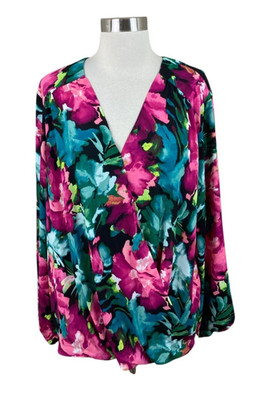 INC NEW Pink Green Watercolor Floral Surplice Faux Wrap Blouse Career Office 2X
