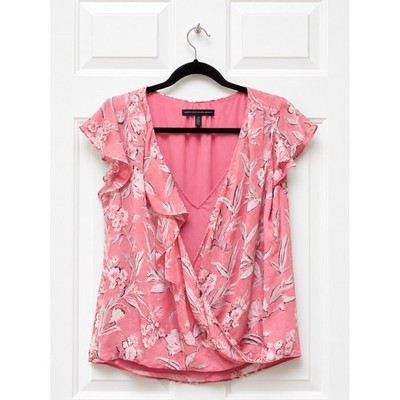 White House Black Market Pink Floral Faux Wrap Blouse Size 12 Flutter Sleeve